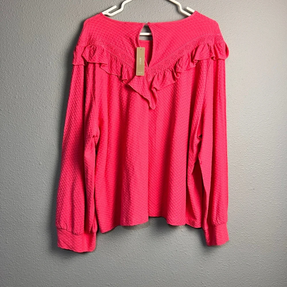 NWT J. Crew Textured Ruffle Neck Long Sleeve Top Bright Pink XXL Valentines Love